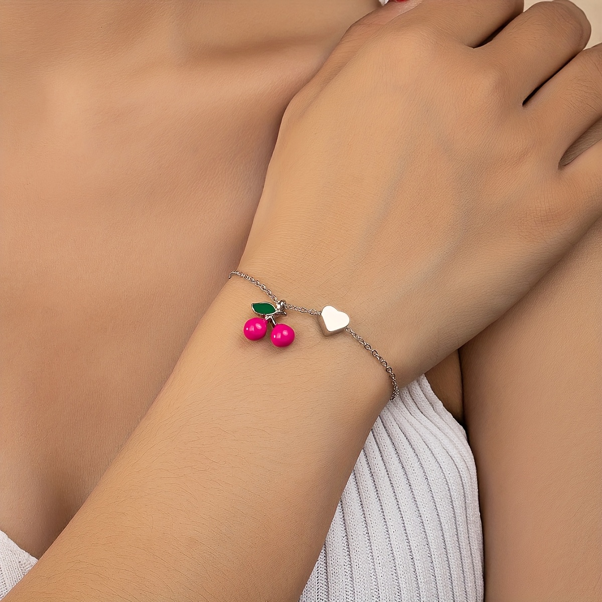 Women's Cherry Bracelet with Red Heart Pendant Anklet
